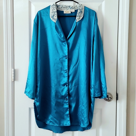 Vintage Victoria Secret Teal Satin Pajama Shirt/Tunic with Lace Collar - Picture 1 of 5